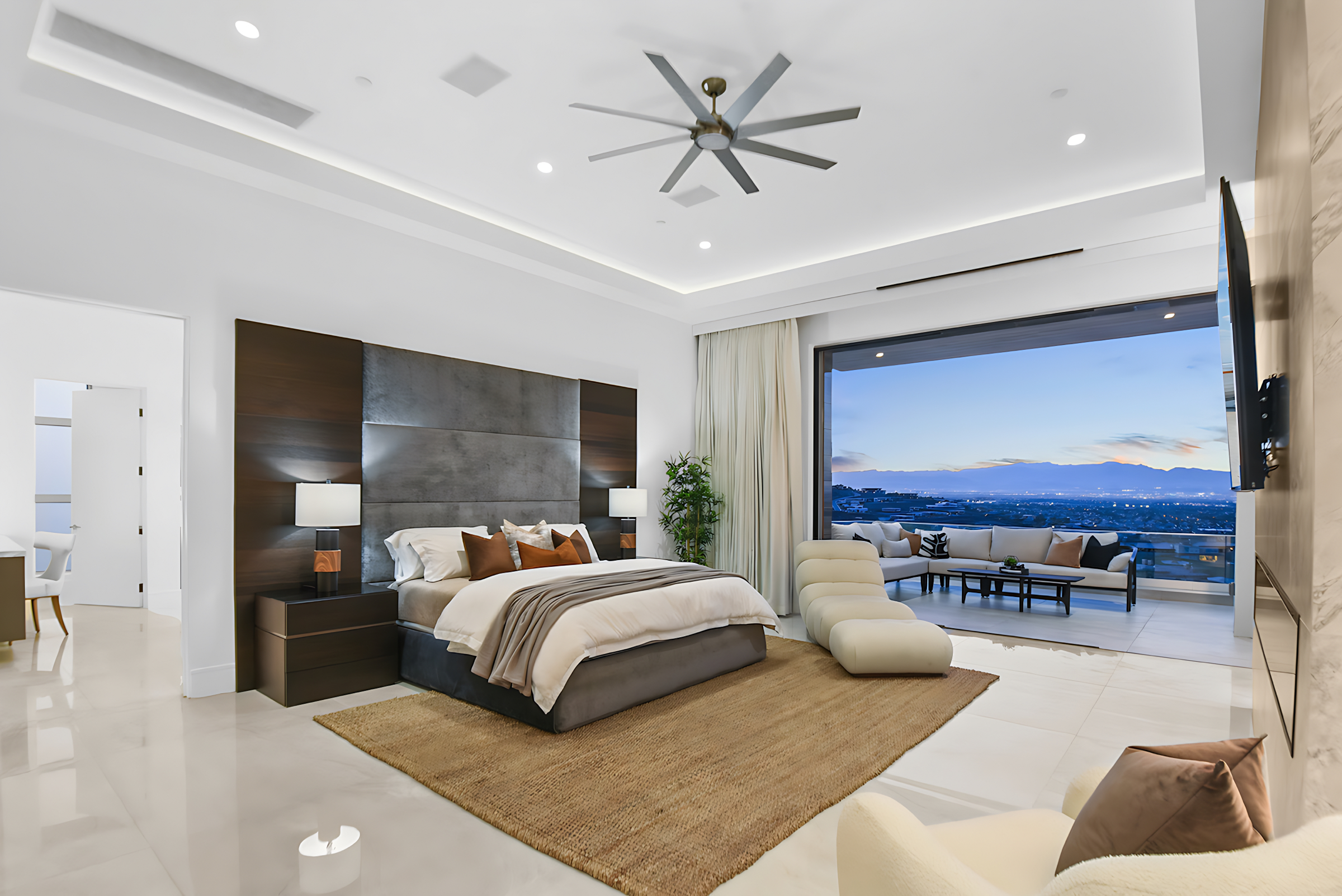 Case Studies 4 | Luxury Home Staging & Design in Las Vegas Luxury master bedroom staged for sale with open view and modern design. | Utopia Home Luxury Home Staging & Design