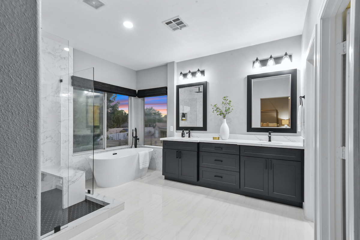 Case Studies 20 | Luxury Home Staging & Design in Las Vegas Elegant bathroom in Las Vegas luxury property staging at sunset. | Utopia Luxury Home Staging & Design