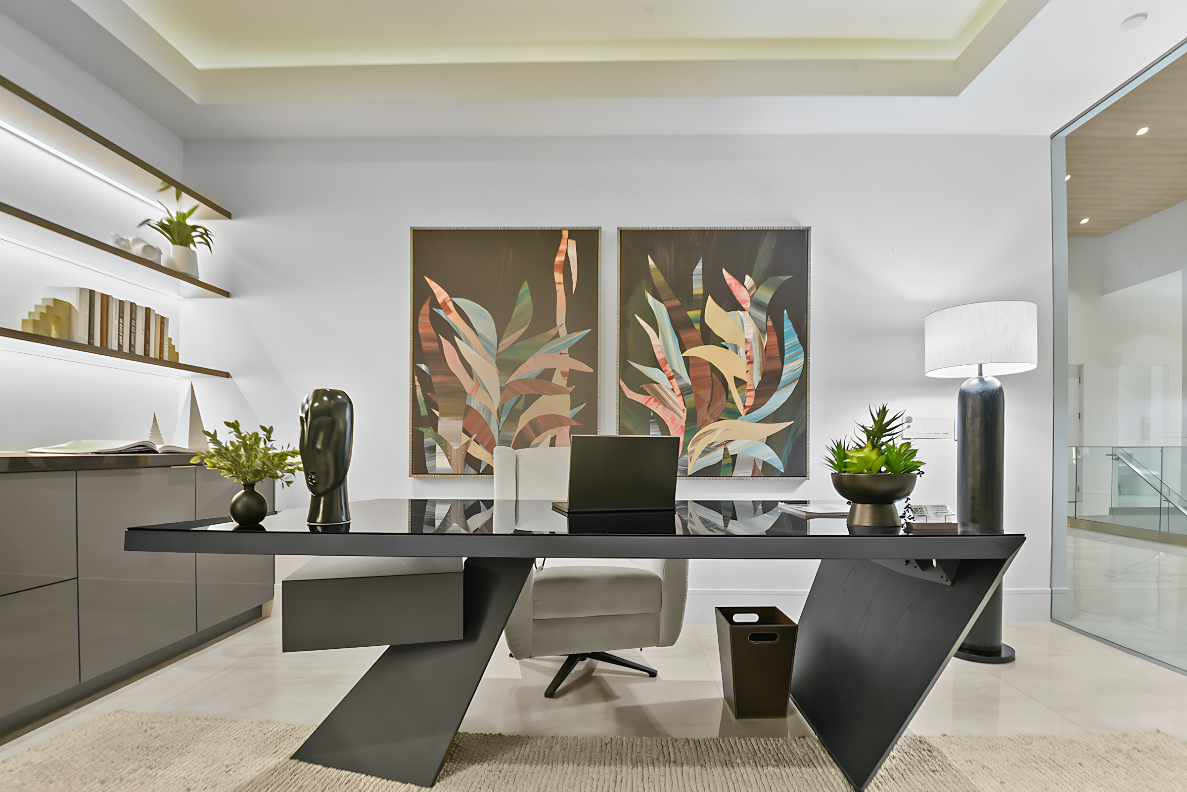 Case Studies 3 | Luxury Home Staging & Design in Las Vegas Modern office design with abstract art, Las Vegas luxury property staging. | Utopia Luxury Home Staging & Design