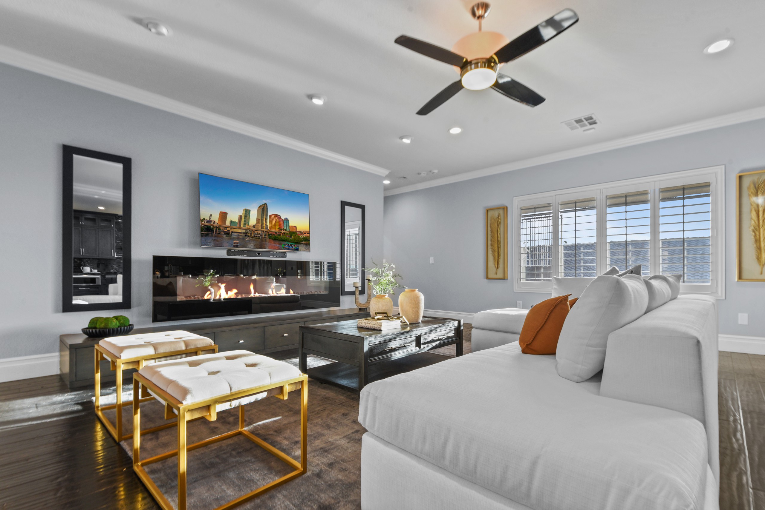 Modern Las Vegas living room staging with linear fireplace and contemporary design