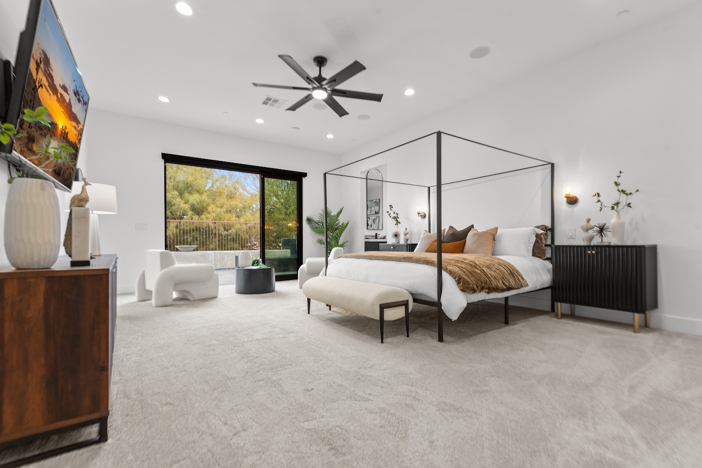 Luxury primary suite staging at Camino La Venta with high-end materials by Utopia Home Staging Las Vegas