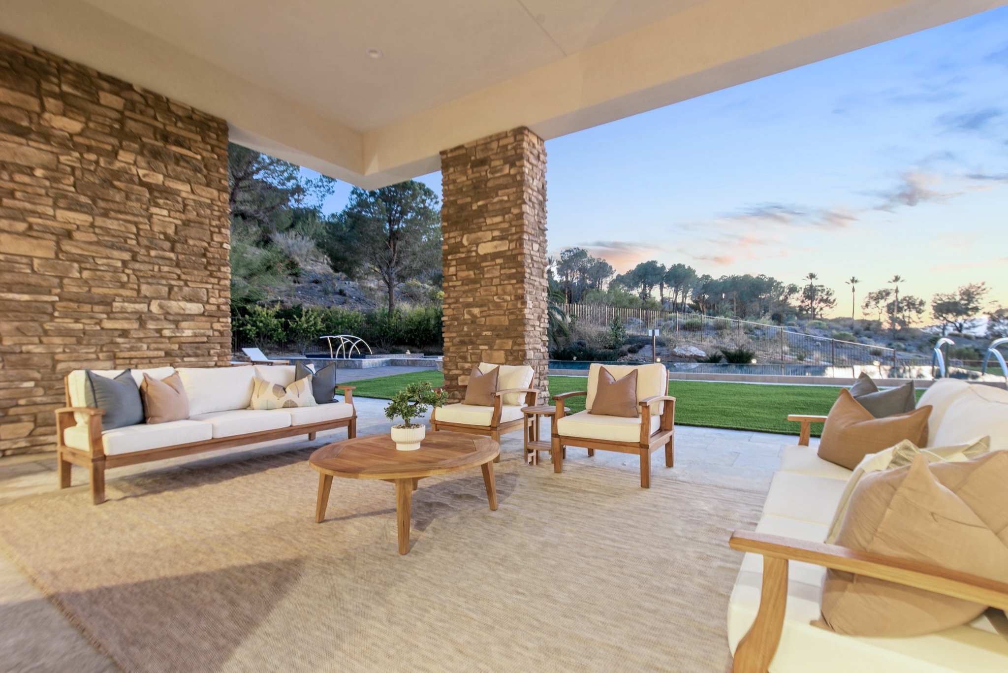 Las Vegas outdoor staging — luxury covered patio at twilight, Costa Del Sol