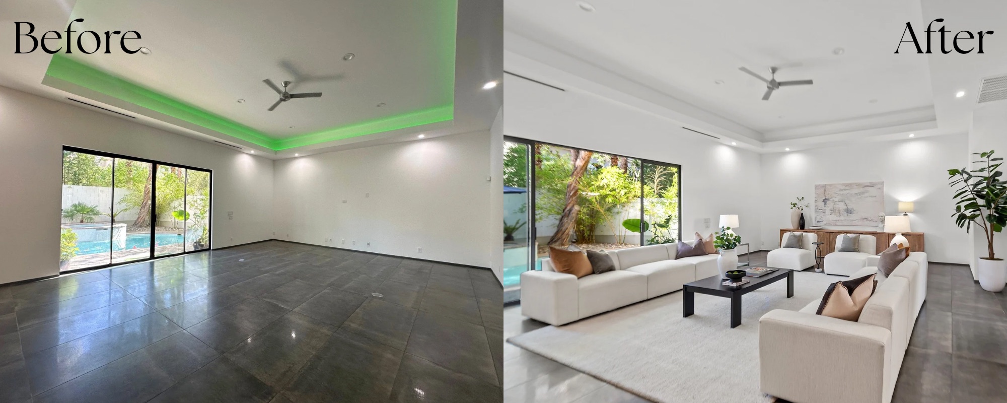 Why Comparing Home Staging Quotes in Las Vegas Isn't as Simple as It Looks 2 | Luxury Home Staging & Design in Las Vegas Comparing home staging quality in Las Vegas — the same living room before and after professional staging